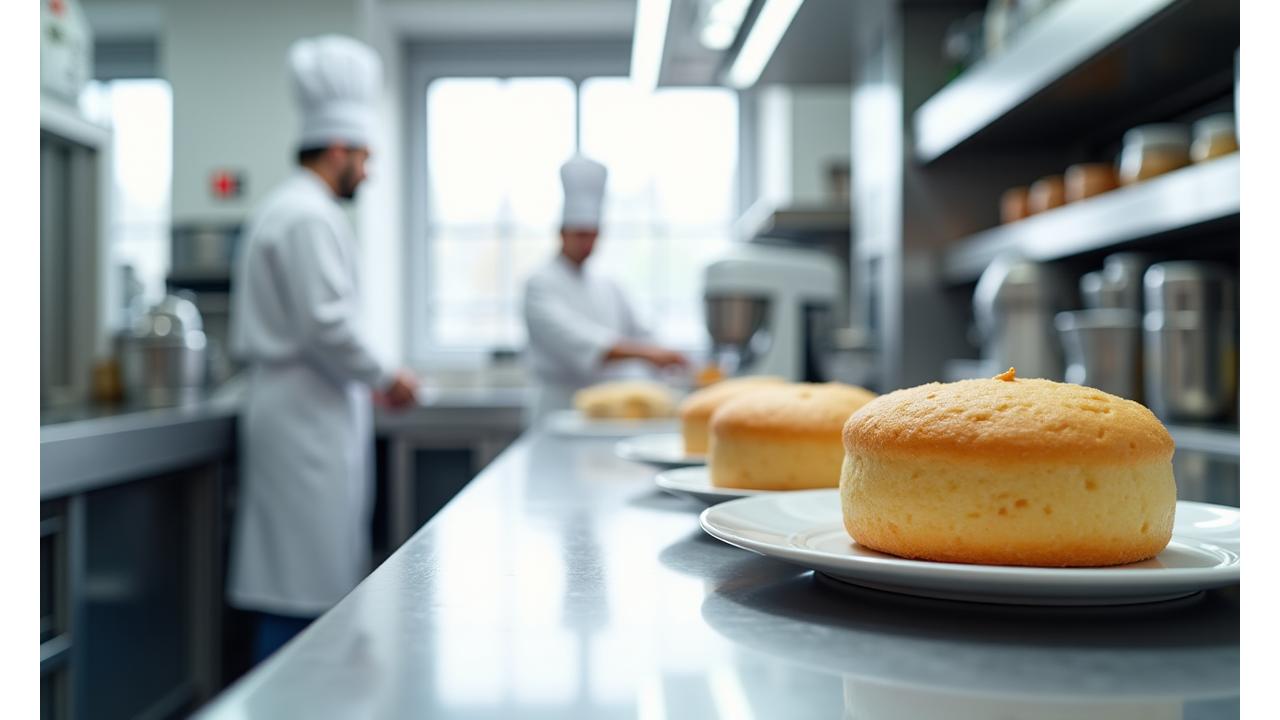 Visite virtuelle du laboratoire de pâtisserie sans gluten de Gourmandise Velours avec des équipements modernes et des surfaces impeccables.