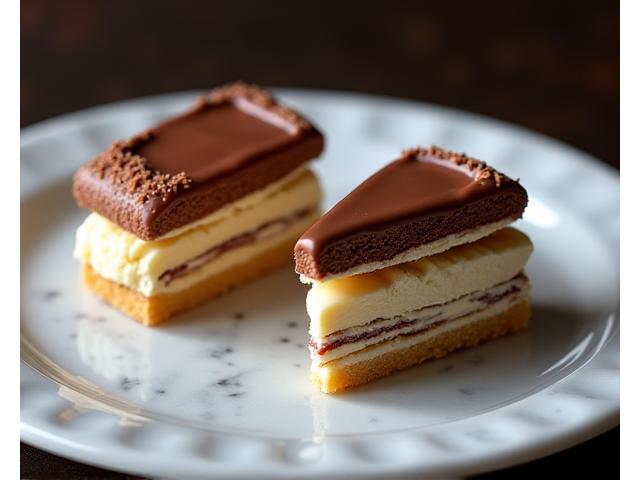 Comparaison côte à côte : un Opéra sans gluten et un Opéra traditionnel, visuellement indiscernables, avec une coupe montrant les couches moelleuses.