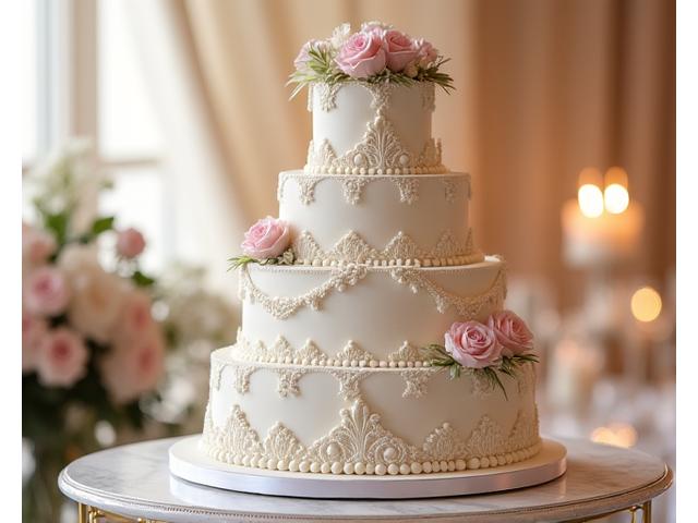 Magnifique wedding cake à plusieurs étages, blanc perle avec des décorations florales délicates, mis en scène dans un cadre élégant.