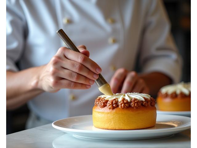 Chef pâtissier démontrant une technique de glaçage avec précision