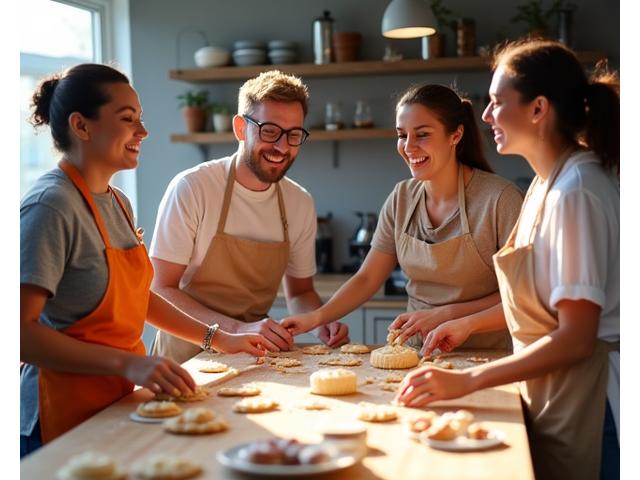 Groupe de personnes souriantes et attentives lors d'un atelier culinaire