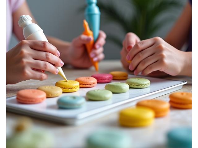 Mains préparant délicatement des macarons colorés lors d'un atelier de pâtisserie