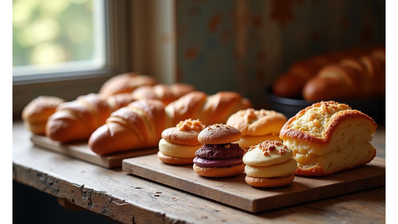 Assortiment de pâtisseries françaises élégantes et pains artisanaux sur une table en bois, lumière douce