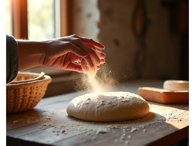 Boulanger préparant des pains sur une table fleurie de farine avec des outils traditionnels