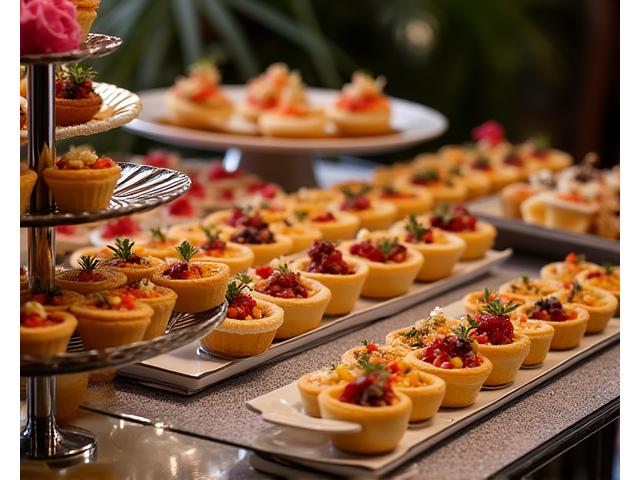 Présentation élégante de petits fours salés et sucrés sur un buffet de cocktail