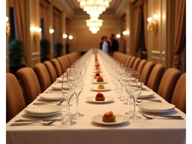 Table de dîner de gala superbement dressée avec vaisselle fine et centres de table floraux