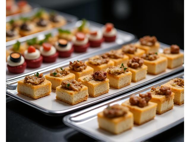 Réception d'entreprise avec des convives réseautant autour d'un buffet Gourmandise Velours