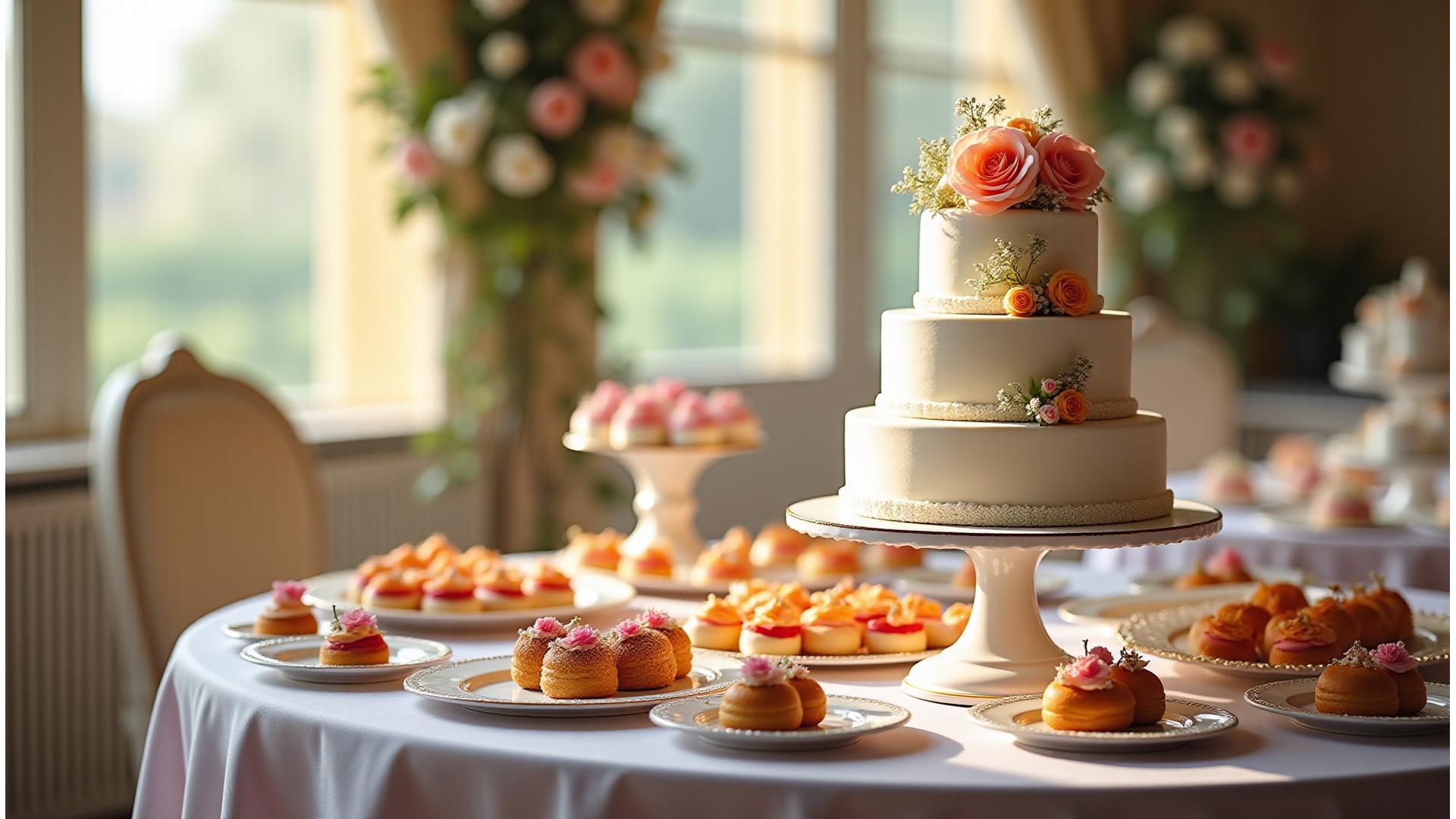 Buffet de mariage élégant préparé par Gourmandise Velours avec une pièce montée florale