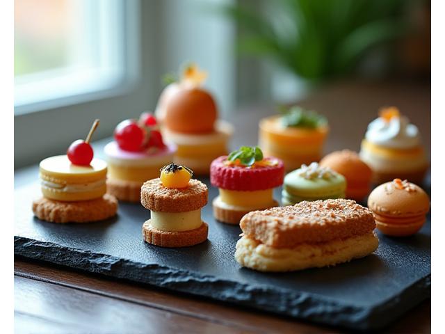 Assortiment de pâtisseries et canapés élégants sur un plateau en bois, pour un menu signature