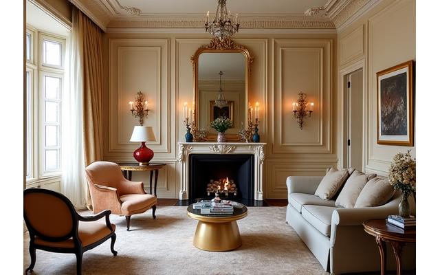 Salon élégant d'un hôtel particulier parisien avec dorures et mobilier ancien