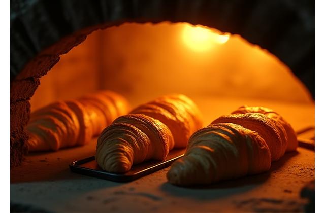 Viennoiseries au sarrasin dorant parfaitement dans un four de boulangerie professionnel, lumière chaude.