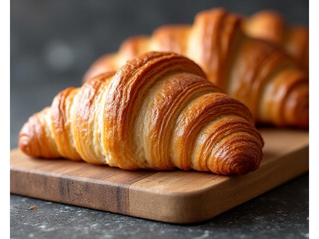 Croissant doré au sarrasin avec des couches feuilletées visibles, sur une planche en bois.