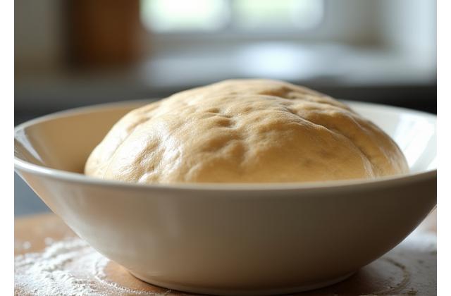 Pâte à viennoiserie au sarrasin en pleine levée dans un récipient, montrant sa texture aérée.