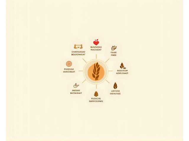 Infographie simplifiée montrant les bienfaits nutritionnels du sarrasin : protéines, fibres, minéraux, faible IG.