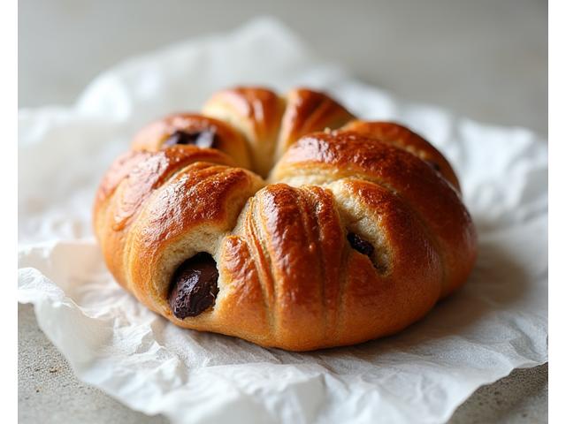 Pain au chocolat au sarrasin avec des éclats de chocolat noir, posé sur du papier cuisson.