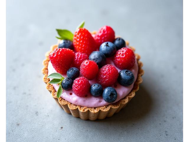 Mini-tartelette saisonnière au sarrasin, garnie de fruits rouges frais et d'une crème pâtissière.