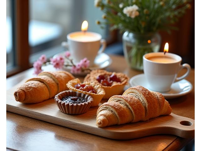 Assortiment de viennoiseries au sarrasin élégamment présentées sur un plateau en bois, avec tasses à café et thé.